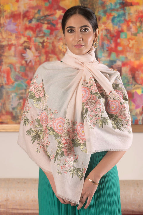 Japanese Rose | Embroidered Wool Silk Stole