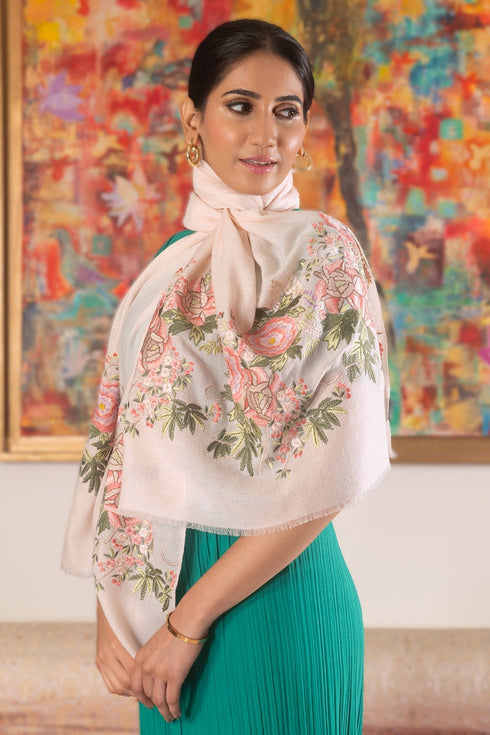 Japanese Rose | Embroidered Wool Silk Stole
