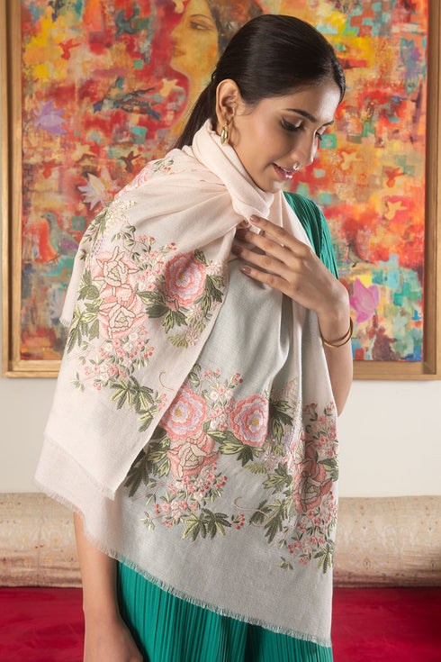 Japanese Rose | Embroidered Wool Silk Stole