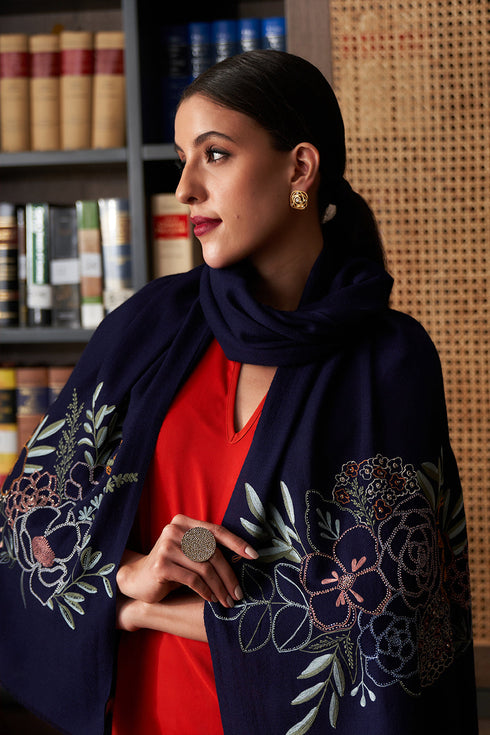 Floral Bouquet | Embroidered Fine Merino Wool Stole