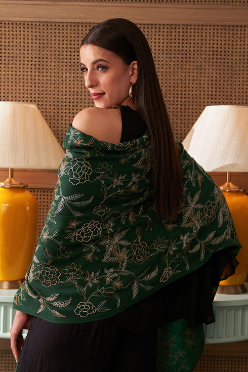 Golden Peony | Embroidered Fine Merino Wool Stole
