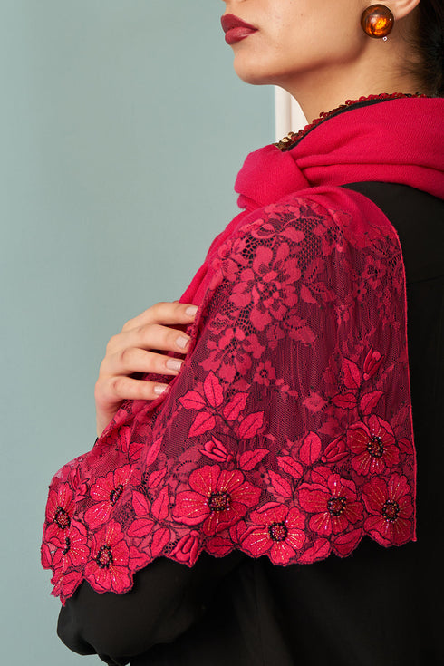 Floral Inset | Embroidered Fine Merino Wool Stole