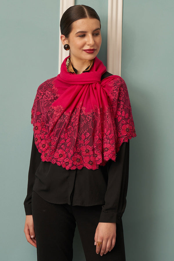 Floral Inset | Embroidered Fine Merino Wool Stole