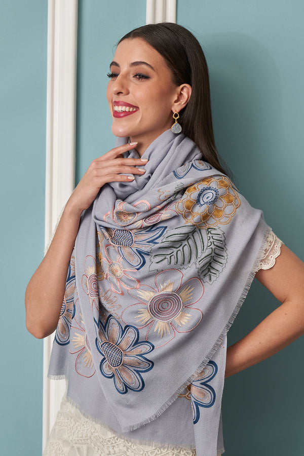 Floral Bliss | Embroidered Fine Merino Stole