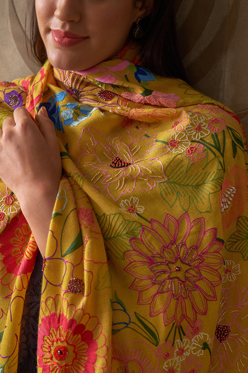 Tropical Bloom Embroidered Pure Cashmare Stole