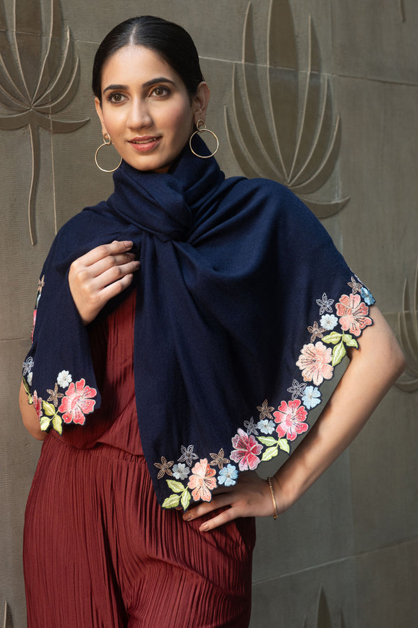 Bloomline Elegance | Embroidered Wool Silk Stole
