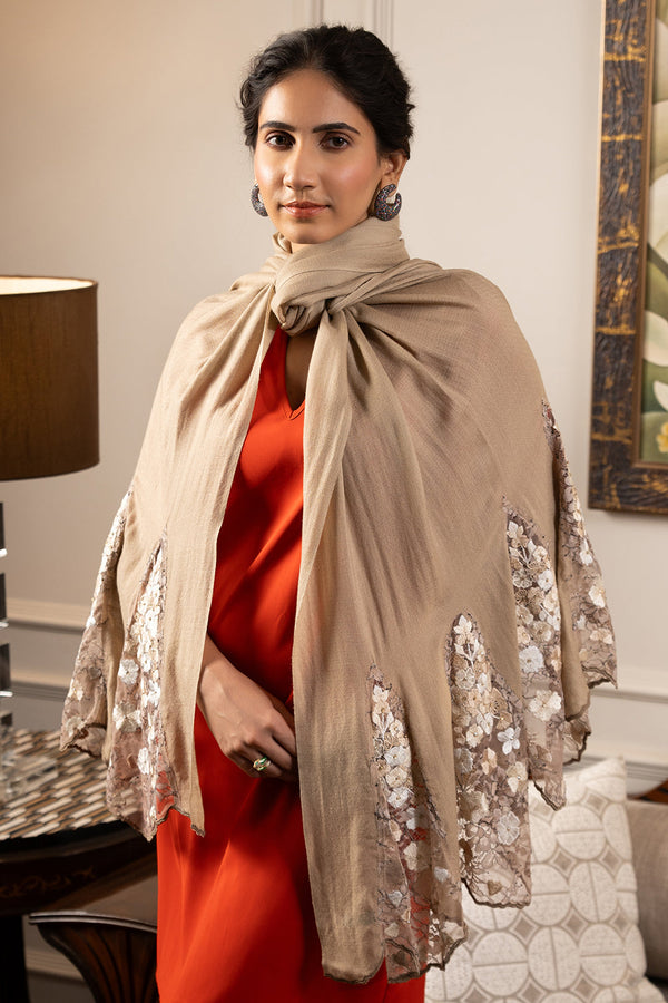 Cherry Blossom Flounce | Embroidered Wool Silk Stole