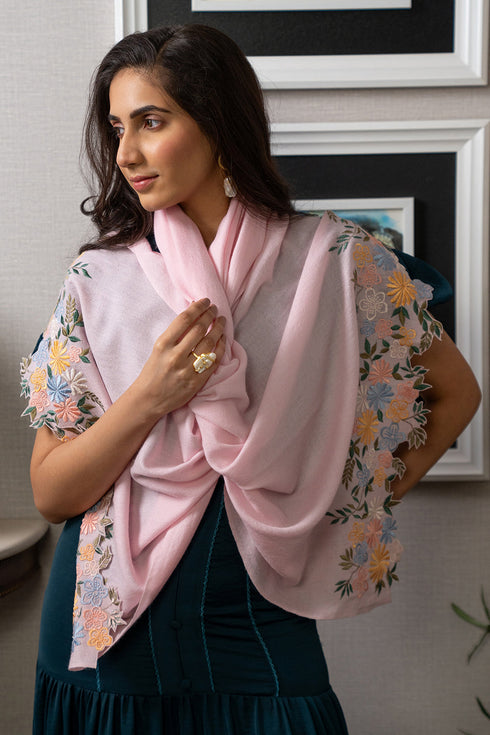 Blush Meadow | Embroidered Wool Silk Stole