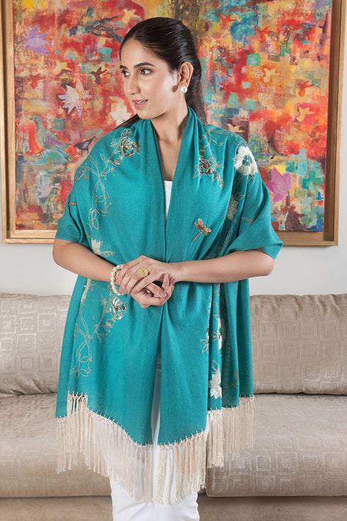 Blush Gold Blossom | Embroidered Wool Silk Stole