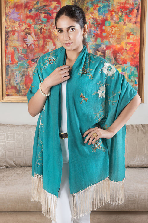 Blush Gold Blossom | Embroidered Wool Silk Stole