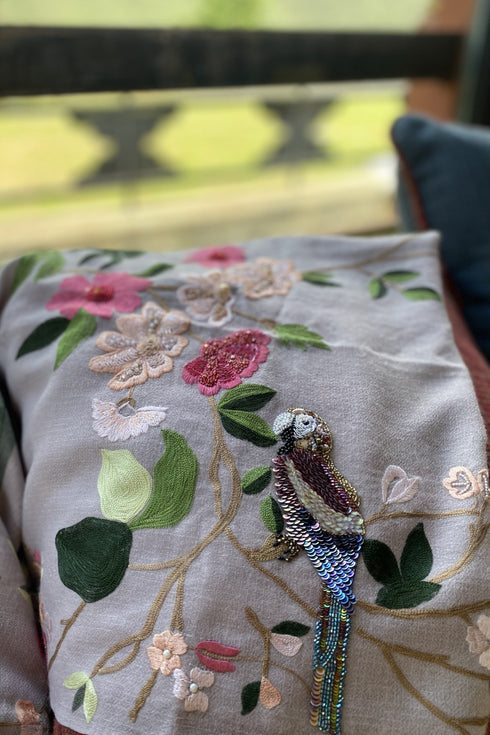 Parrot Paradise | Embroidered Pure Cashmere Stole