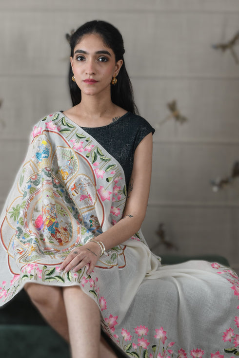 The Lotus Krishna Leela | Embroidered Pure Cashmere Stole