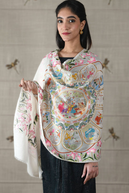 The Lotus Krishna Leela | Embroidered Pure Cashmere Stole