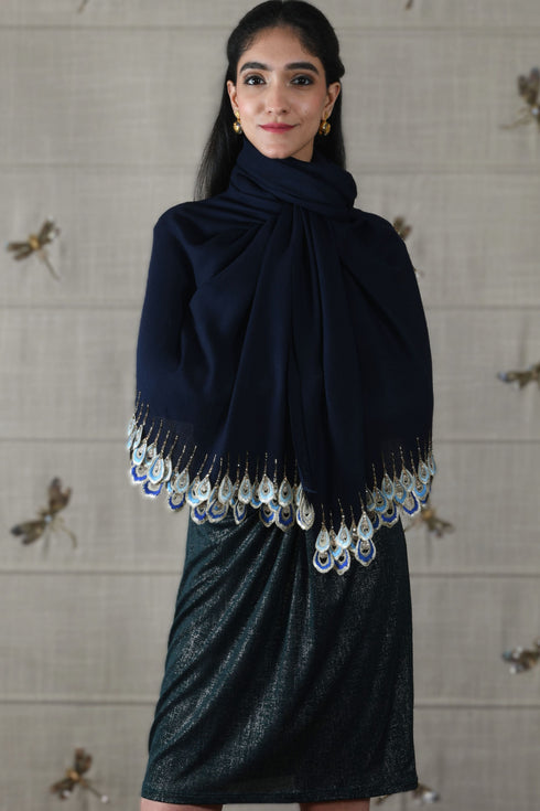 Peacock Teardrop Sparkle | Embroidered Wool Silk Stole