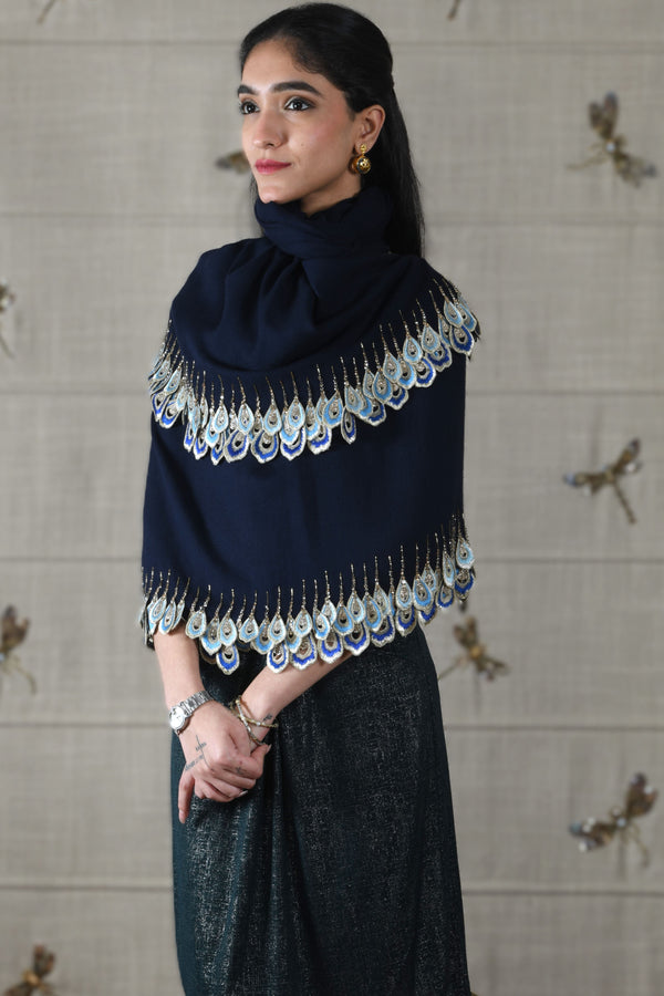 Peacock Teardrop Sparkle | Embroidered Wool Silk Stole