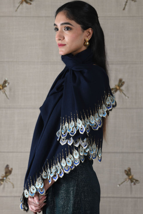 Peacock Teardrop Sparkle | Embroidered Wool Silk Stole