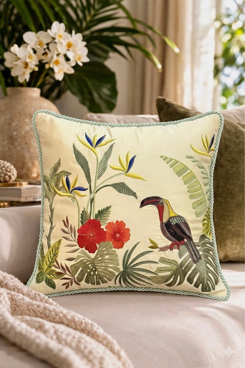 The Toucan’s Tropical Jubilee | Embroidered Cushion Cover