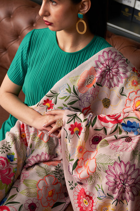 Tropical Bloom | Embroidered Pure Cashmere Stole