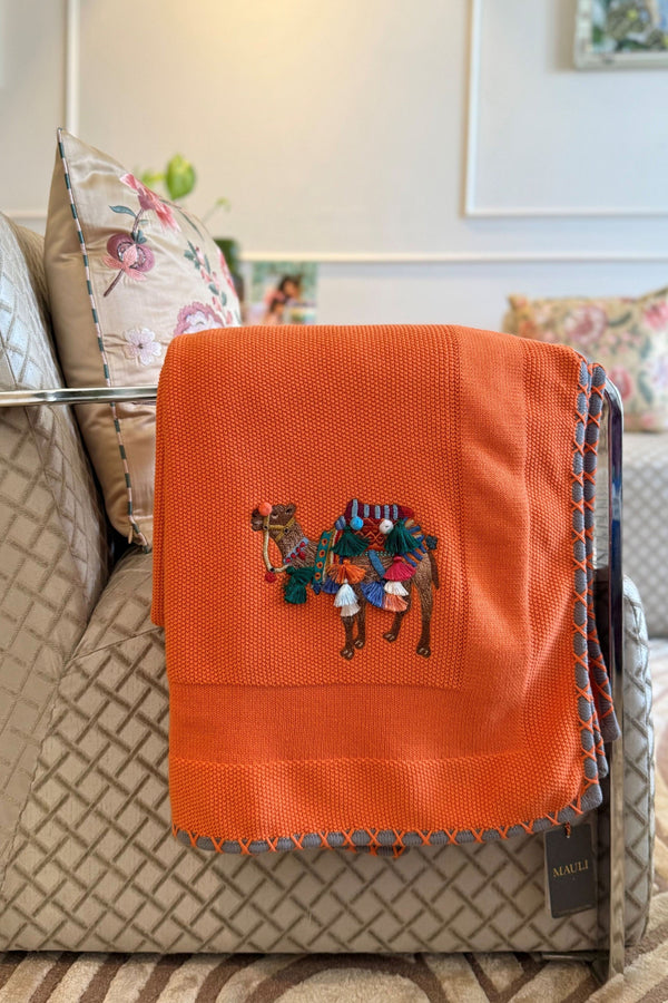 The Camel Caravan | Embroidered Cotton Knit Blanket