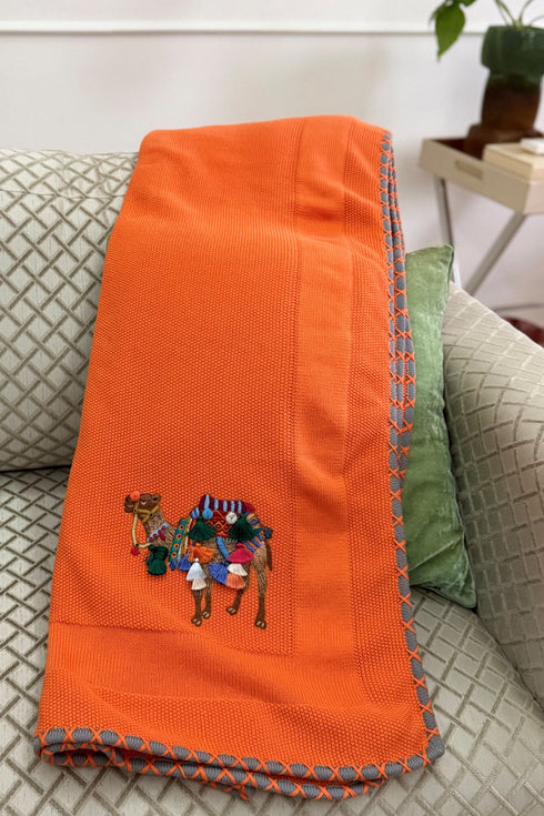 The Camel Caravan | Embroidered Cotton Knit Blanket