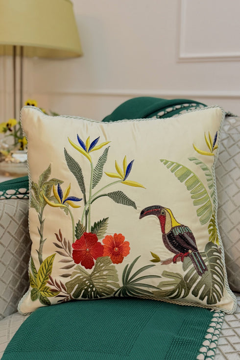 The Toucan’s Tropical Jubilee | Embroidered Cushion Cover