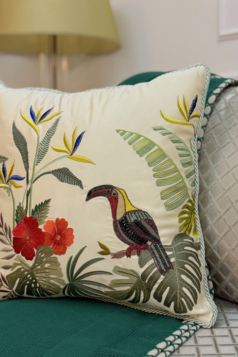The Toucan’s Tropical Jubilee | Embroidered Cushion Cover