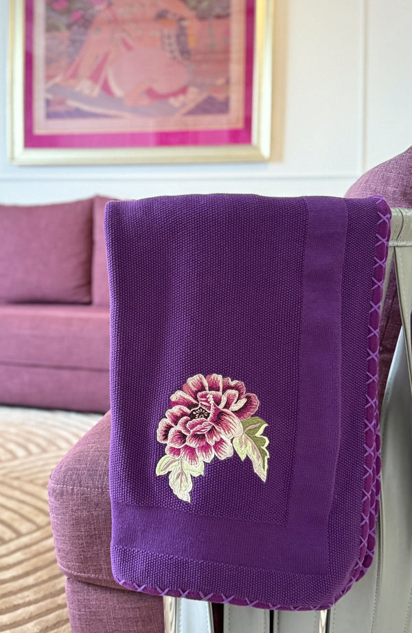The Blooming Peony | Embroidered Cotton Knit Blanket