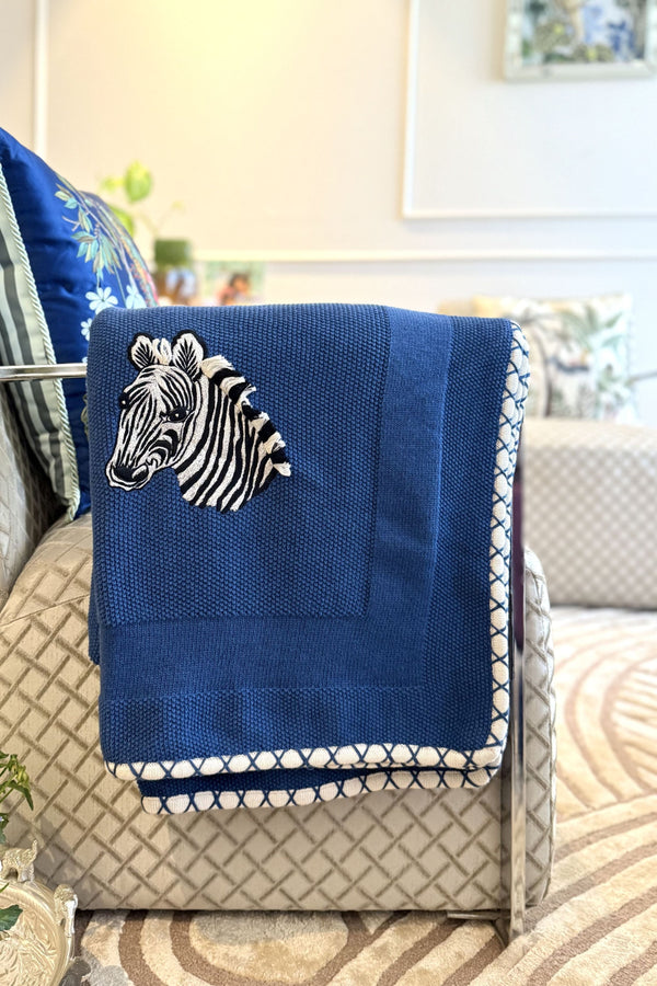 The Zebra Portrait | Embroidered Cotton Knit Blanket